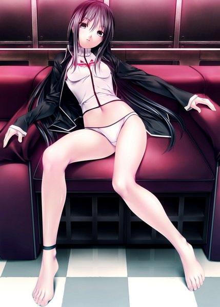 Anime picture 715x1000 with original rezi single long hair tall image blue eyes light erotic black hair sitting barefoot bare legs girl underwear panties