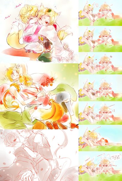Anime picture 1479x2186 with original tori-ru (artist) tall image blush short hair blonde hair red eyes animal ears tail lying long sleeves traditional clothes japanese clothes animal tail multiple boys couple hug fox ears fox tail multiview