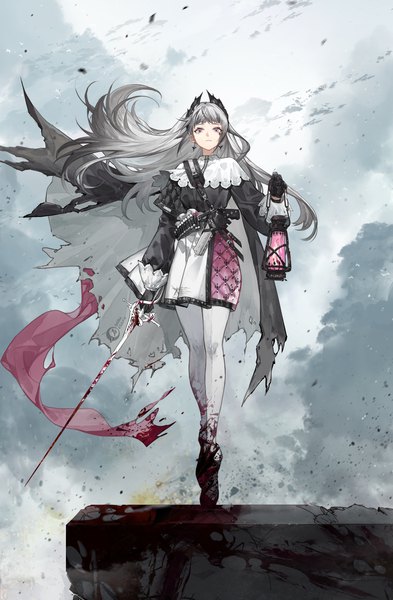Anime picture 2098x3207 with arknights irene (arknights) huifeideheizhu single long hair tall image looking at viewer fringe highres blue eyes holding silver hair full body outdoors blunt bangs horn (horns) wind bloody clothes bloody weapon girl