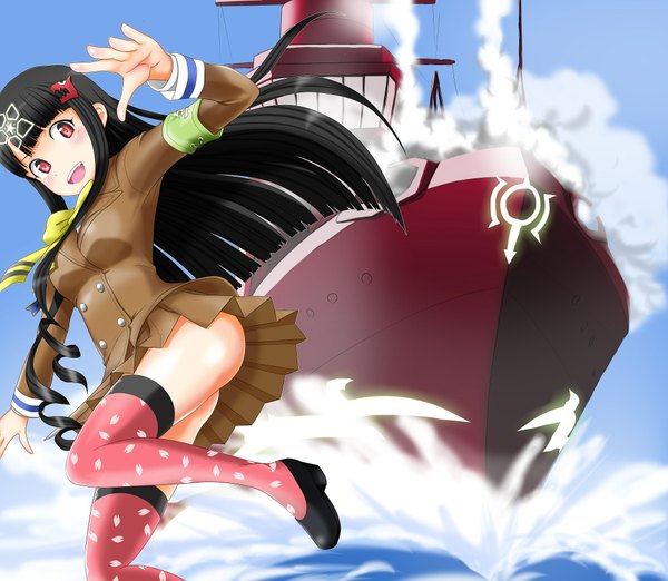 Anime picture 2100x1830 with aoki hagane no arpeggio ashigara (aoki hagane no arpeggio) ju (old505) long hair blush highres open mouth light erotic black hair red eyes sky cloud (clouds) girl thighhighs hair ornament hairclip watercraft ship