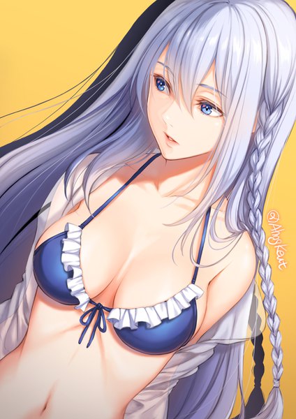 Anime picture 2480x3508 with original ahngkeut single long hair tall image fringe highres breasts blue eyes light erotic simple background hair between eyes large breasts signed payot looking away cleavage silver hair upper body braid (braids)