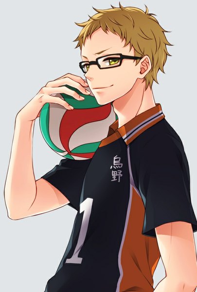 Anime picture 540x800 with haikyuu!! production i.g tsukishima kei rio (rio 01) single tall image looking at viewer short hair simple background smile brown hair green eyes grey background volleyball boy uniform glasses gym uniform ball volleyball ball