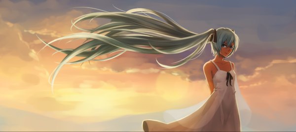 Anime picture 3508x1571 with vocaloid hatsune miku whitem (whiteemperor2020) single long hair looking at viewer fringe highres smile wide image standing twintails bare shoulders sky cloud (clouds) aqua eyes wind sunlight aqua hair hands behind back