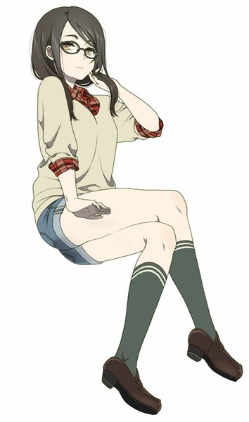 Anime picture 550x932 with original mattaku mousuke single long hair tall image looking at viewer fringe simple background brown hair white background sitting brown eyes from below thighs crossed legs adjusting hair twisty sleeves girl socks glasses