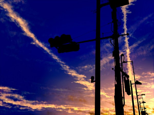 Anime picture 1088x816 with original kibunya 39 sky cloud (clouds) evening sunset no people landscape wire (wires) traffic lights