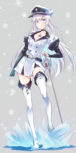 Anime picture 1599x3192 with rwby akame ga kill! white fox rooster teeth weiss schnee esdeath iesupa single long hair tall image looking at viewer fringe breasts blue eyes smile standing cleavage silver hair full body braid (braids)