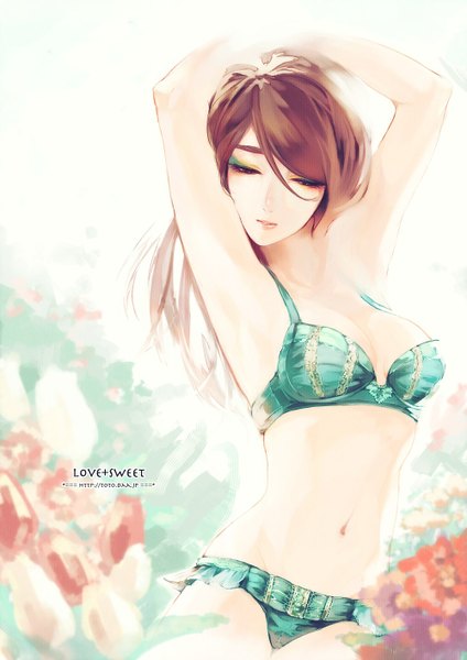 Anime picture 1000x1414 with original futami jun single long hair tall image breasts light erotic brown hair inscription arms up armpit (armpits) grey eyes underwear only eyeshadow girl navel underwear panties flower (flowers) lingerie