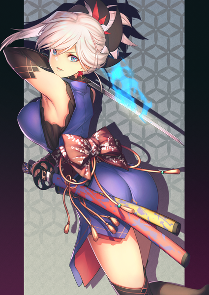 Anime picture 2508x3541 with fate (series) fate/grand order miyamoto musashi (fate) itaco single tall image looking at viewer fringe highres short hair open mouth blue eyes light erotic hair between eyes standing holding silver hair traditional clothes japanese clothes arm up