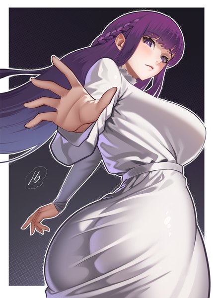 Anime picture 1607x2250 with sousou no frieren fern (sousou no frieren) ho haiiro single long hair tall image looking at viewer light erotic simple background purple eyes purple hair ass from below border black background outside border girl dress white dress