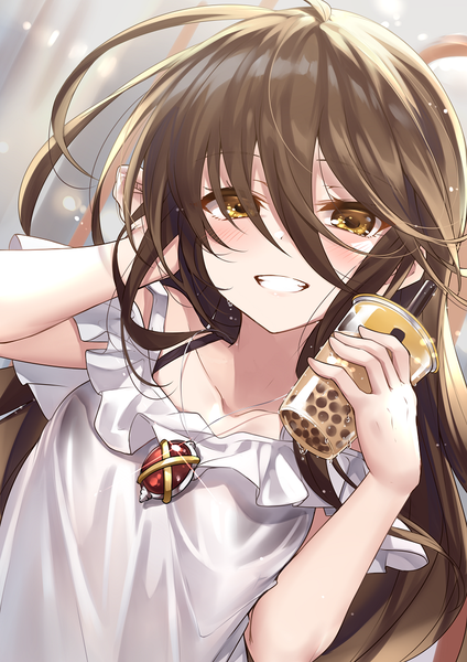 Anime picture 744x1053 with shakugan no shana j.c. staff shana ks single long hair tall image looking at viewer blush fringe simple background smile brown hair holding yellow eyes upper body ahoge hair over one eye off shoulder alternate costume