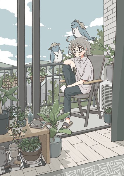 Anime picture 1448x2048 with original east sha2 tameikirakuda single tall image looking at viewer short hair open mouth sitting sky grey hair animal on head collaboration bird on head girl plant (plants) animal glasses shoes pants