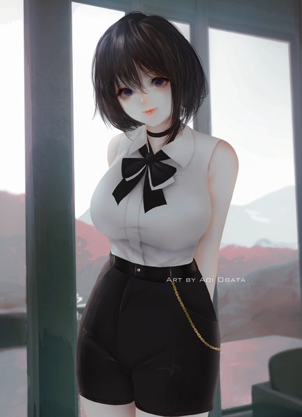Anime picture 1000x1379 with original aoi ogata single tall image looking at viewer fringe short hair breasts smile hair between eyes large breasts standing purple eyes head tilt light smile lips sleeveless lipstick hands behind back eyeshadow