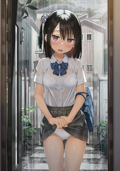 Anime picture 2117x3000 with original shizuku (kantoku) kantoku single tall image looking at viewer blush fringe highres short hair open mouth light erotic black hair hair between eyes standing pleated skirt pink eyes embarrassed tears one side up