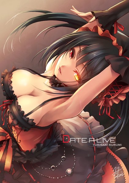 Anime picture 630x895 with date a live tokisaki kurumi fukai ryosuke single long hair tall image breasts light erotic black hair red eyes large breasts twintails yellow eyes from above inscription arms up armpit (armpits) character names heterochromia gradient background