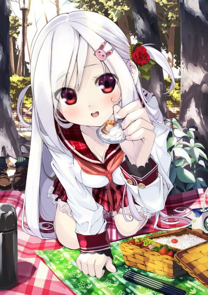 Anime picture 2894x4093 with original furukawa itsuse single long hair tall image looking at viewer blush highres open mouth red eyes white hair girl uniform hair ornament plant (plants) school uniform tree (trees) food obento