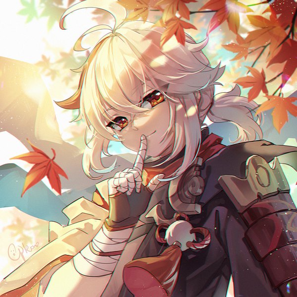 Anime picture 1000x998 with genshin impact kaedehara kazuha cat princess single long hair looking at viewer fringe smile hair between eyes red eyes upper body ahoge white hair from below finger to mouth boy leaf (leaves) tassel autumn leaves maple leaf