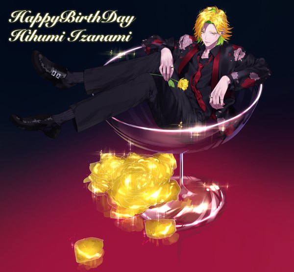 Anime picture 4300x3984 with hypnosis mic izanami hifumi xtecubimicx single highres short hair simple background blonde hair yellow eyes absurdres full body multicolored hair open jacket two-tone hair sparkle streaked hair character names crossed legs colored inner hair happy birthday
