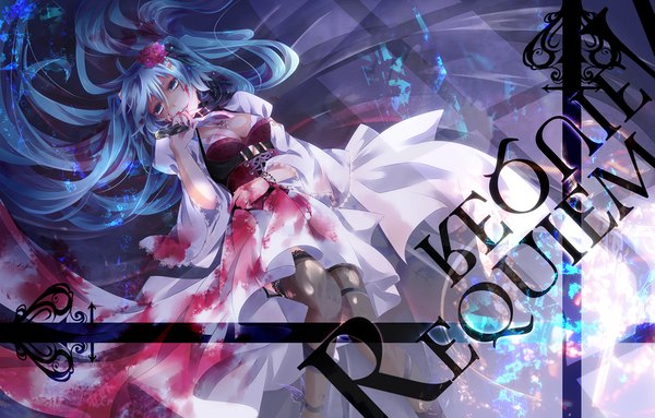 Anime picture 1300x831 with vocaloid hatsune miku tyouya single looking at viewer twintails lying very long hair hair flower aqua eyes aqua hair inscription girl thighhighs dress hair ornament flower (flowers) black thighhighs blood knife