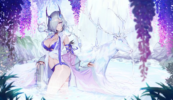 Anime picture 2895x1674 with alchemy stars jane (alchemy stars) mincho single looking at viewer blush fringe highres short hair breasts blue eyes light erotic wide image large breasts standing cleavage silver hair outdoors long sleeves parted lips