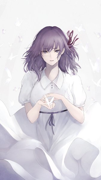 Anime picture 1151x2047 with fate (series) fate/stay night matou sakura marumoru single long hair tall image looking at viewer fringe breasts open mouth simple background hair between eyes standing purple eyes purple hair grey background short sleeves puffy sleeves butterfly on hand