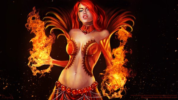 Anime picture 1920x1080 with guild wars 2 elementalist diva magicnaanavi long hair highres simple background wide image bare shoulders red hair lips inscription grey eyes wallpaper magic girl navel earrings choker chain beads