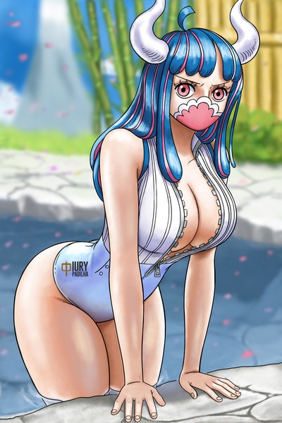 Anime picture 667x1000 with one piece toei animation ulti (one piece) iury padilha single long hair tall image looking at viewer fringe breasts light erotic large breasts standing signed blue hair cleavage ahoge outdoors pink eyes multicolored hair