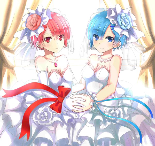 Anime picture 3720x3507 with re:zero kara hajimeru isekai seikatsu white fox rem (re:zero) ram (re:zero) zhl looking at viewer blush fringe highres short hair breasts blue eyes smile red eyes large breasts bare shoulders multiple girls blue hair pink hair absurdres