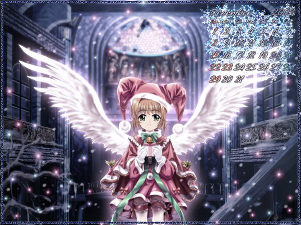 Anime picture 1280x960 with card captor sakura clamp kinomoto sakura mutsuki (moonknives) single looking at viewer short hair blonde hair green eyes light smile wallpaper snowing christmas winter angel wings 2002 calendar 2002 girl ribbon (ribbons) plant (plants)