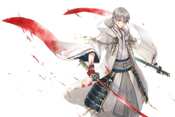 Anime picture 1200x804 with touken ranbu nitroplus tsurumaru kuninaga dakuro single looking at viewer fringe short hair simple background smile white background yellow eyes traditional clothes japanese clothes from above grey hair blood on face bloody clothes bloody weapon boy