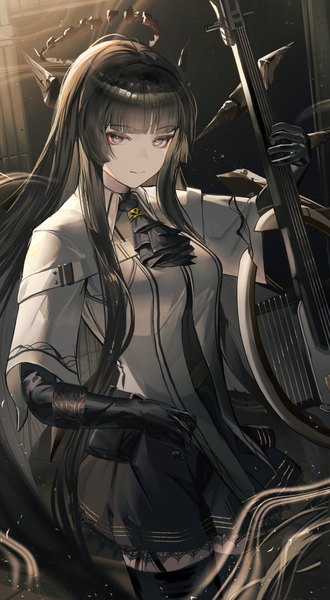 Anime picture 2181x3969 with arknights virtuosa (arknights) hiyaori (hiyahiyaval) single tall image looking at viewer fringe highres black hair smile payot blunt bangs very long hair black eyes girl gloves black gloves elbow gloves halo musical instrument