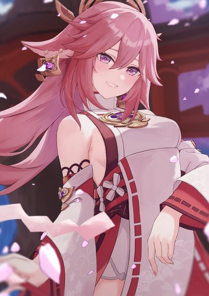Anime picture 2481x3508 with genshin impact yae miko hal aluha single long hair tall image fringe highres smile hair between eyes purple eyes animal ears pink hair traditional clothes japanese clothes fox ears grin nontraditional miko girl detached sleeves