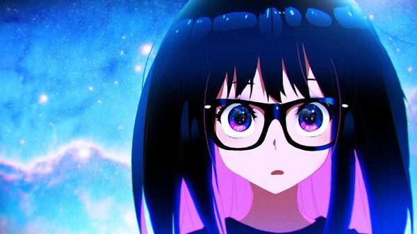 Anime picture 2560x1440 with tom skender single long hair looking at viewer fringe highres open mouth black hair wide image purple eyes pink hair upper body multicolored hair night two-tone hair space surprised milky way girl glasses