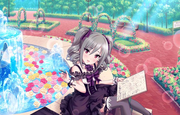 Anime picture 1280x824 with idolmaster idolmaster cinderella girls idolmaster cinderella girls starlight stage kanzaki ranko single long hair looking at viewer blush open mouth red eyes twintails grey hair official art drill hair dark princess of roses girl thighhighs dress flower (flowers) black thighhighs