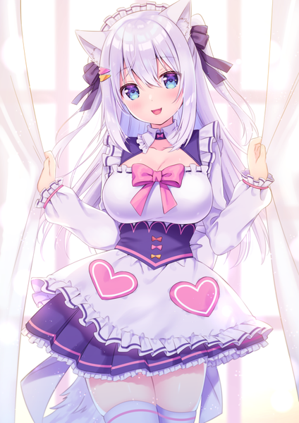 Anime picture 707x1000 with virtual youtuber noripro shirayuki mishiro sumisaki yuzuna single long hair tall image looking at viewer fringe breasts open mouth blue eyes hair between eyes large breasts standing holding animal ears cleavage silver hair indoors