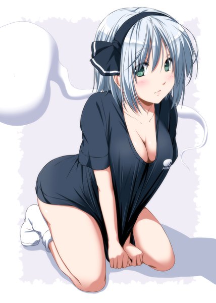 Anime picture 893x1253 with touhou konpaku youmu nori tamago single tall image looking at viewer blush short hair breasts blue eyes light erotic silver hair girl socks hairband white socks t-shirt