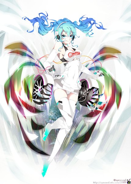Anime picture 1429x2000 with vocaloid goodsmile racing hatsune miku racing miku racing miku (2014) syeoseul single long hair tall image looking at viewer blue eyes light erotic smile twintails bare shoulders blue hair pantyshot covered navel spread arms girl