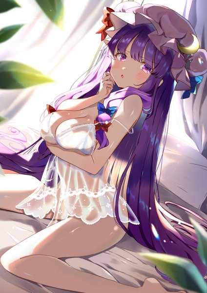 Anime picture 2492x3529 with touhou patchouli knowledge satoupote single tall image blush highres breasts light erotic large breasts sitting purple eyes purple hair indoors very long hair :o embarrassed wariza strap slip breast hold