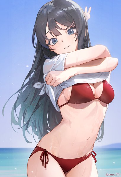 Anime picture 2688x3941 with seishun buta yarou cloverworks sakurajima mai sooon single long hair tall image looking at viewer fringe highres breasts blue eyes light erotic black hair smile standing signed sky outdoors arms up