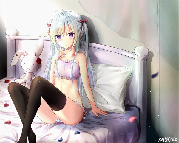 Anime picture 1500x1200 with original kayakooooo single long hair looking at viewer blush fringe light erotic hair between eyes sitting purple eyes signed payot silver hair ahoge indoors parted lips arm support two side up embarrassed