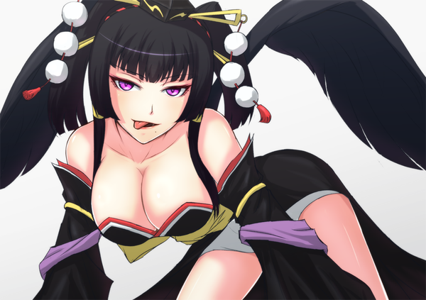 Anime picture 1000x705 with dead or alive nyotengu yogarasu looking at viewer blush short hair breasts open mouth light erotic black hair smile large breasts purple eyes bare shoulders cleavage traditional clothes japanese clothes lips mole :p