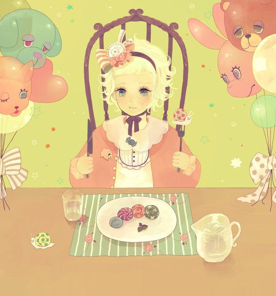 Anime picture 1200x1290 with original single tall image blush short hair blonde hair grey eyes eating girl bow table knife balloon fork snail
