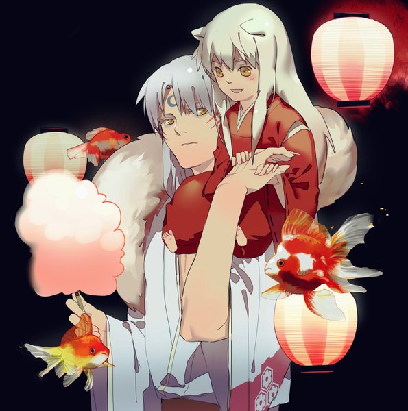 Anime picture 1500x1514 with inuyasha sesshomaru inuyasha (character) par long hair tall image blush yellow eyes white hair japanese clothes holding hands dog ears dog tail boy kimono fish (fishes) lantern child (children) cotton candy