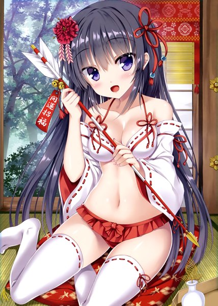 Anime picture 2535x3554 with original dengeki moeou tateha (marvelous grace) single long hair tall image blush fringe highres breasts open mouth blue eyes light erotic black hair smile hair between eyes large breasts sitting bare shoulders holding