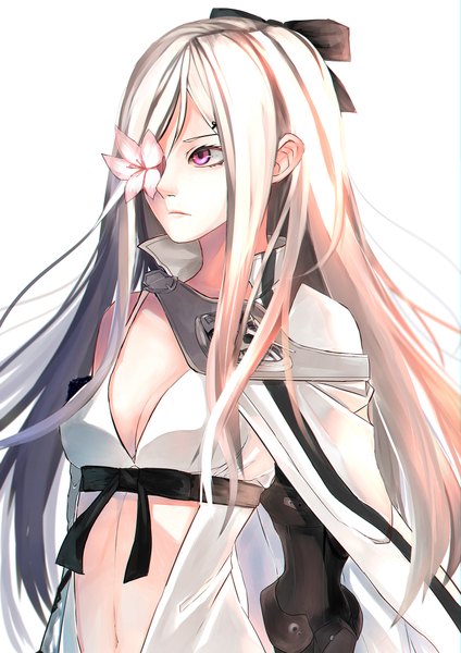 Anime picture 1414x2000 with drakengard zero (drag-on dragoon) junp single long hair tall image breasts simple background blonde hair white background purple eyes looking away cleavage midriff flower over eye girl navel flower (flowers) bow ribbon (ribbons)