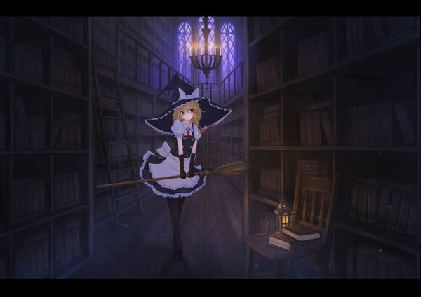 Anime picture 1415x1000 with touhou kirisame marisa maru-pen long hair blonde hair brown eyes braid (braids) witch girl dress gloves bow book (books) witch hat shelf candle (candles) bookshelf broom