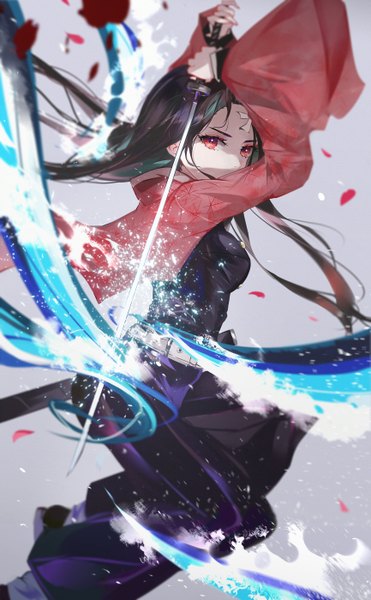 Anime picture 1732x2800 with kimetsu no yaiba ufotable kamado nezuko vardan single long hair tall image looking at viewer highres breasts black hair simple background red eyes traditional clothes japanese clothes blurry grey background wide sleeves arms up floating hair
