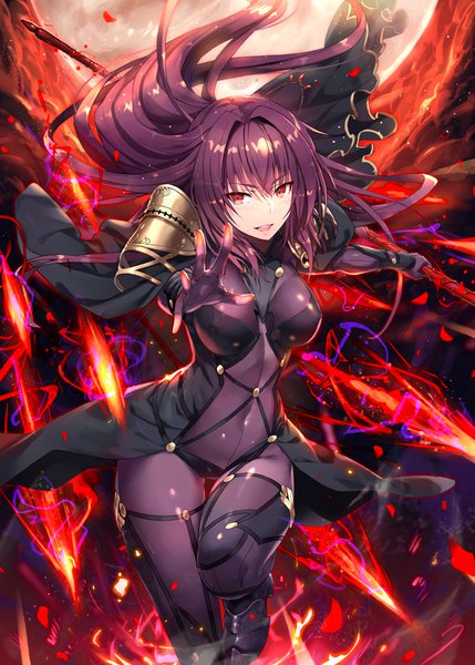 Anime picture 643x900 with fate (series) fate/grand order scathach (fate) (all) scathach (fate) gabiran single long hair tall image looking at viewer blush fringe open mouth light erotic hair between eyes red eyes standing holding purple hair :d teeth