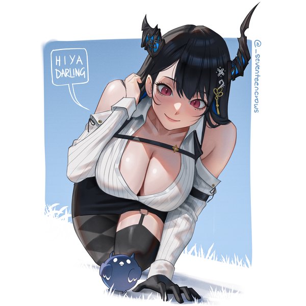 Anime picture 2376x2376 with virtual youtuber hololive hololive english nerissa ravencroft nerissa ravencroft (1st costume) jailbird (nerissa ravencroft) seventeencrows single long hair highres breasts light erotic black hair red eyes large breasts bare shoulders signed cleavage horn (horns) mole
