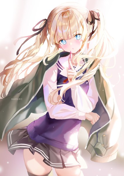 Anime picture 2894x4093 with saenai heroine no sodatekata a-1 pictures sawamura spencer eriri haruri single long hair tall image blush fringe highres blue eyes blonde hair standing twintails signed payot pleated skirt wind :o clothes on shoulders