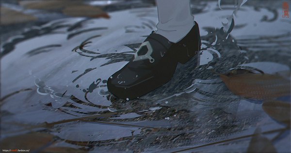 Аниме картинка 2048x1080 с genshin impact hu tao (genshin impact) void 0 (artist) один (одна) высокое разрешение широкое изображение подписанный на улице крупный план голова вне кадра девушка носки обувь лист (листья) носки (белые) лужа